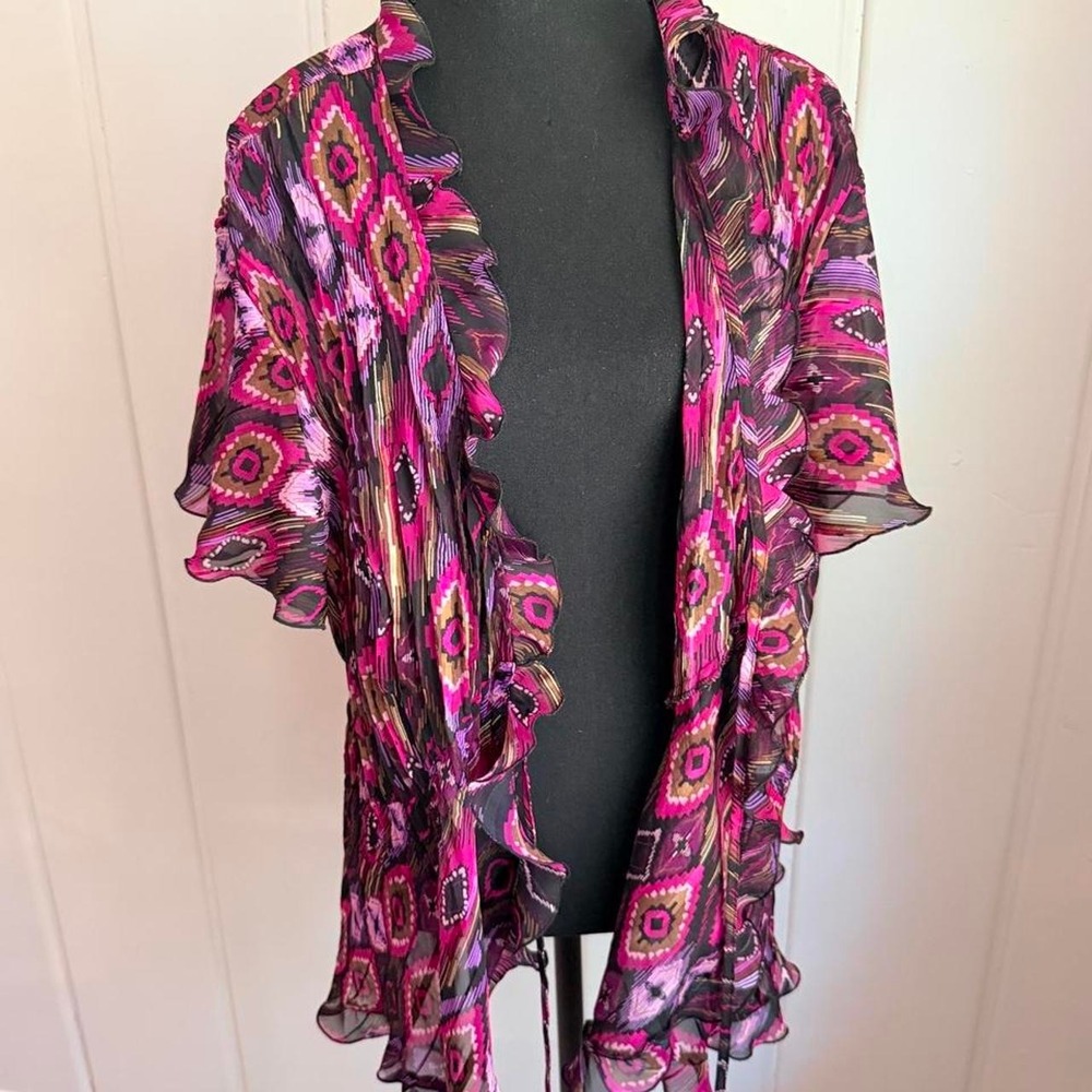Notations pink and purple ruffled blouse with tie back